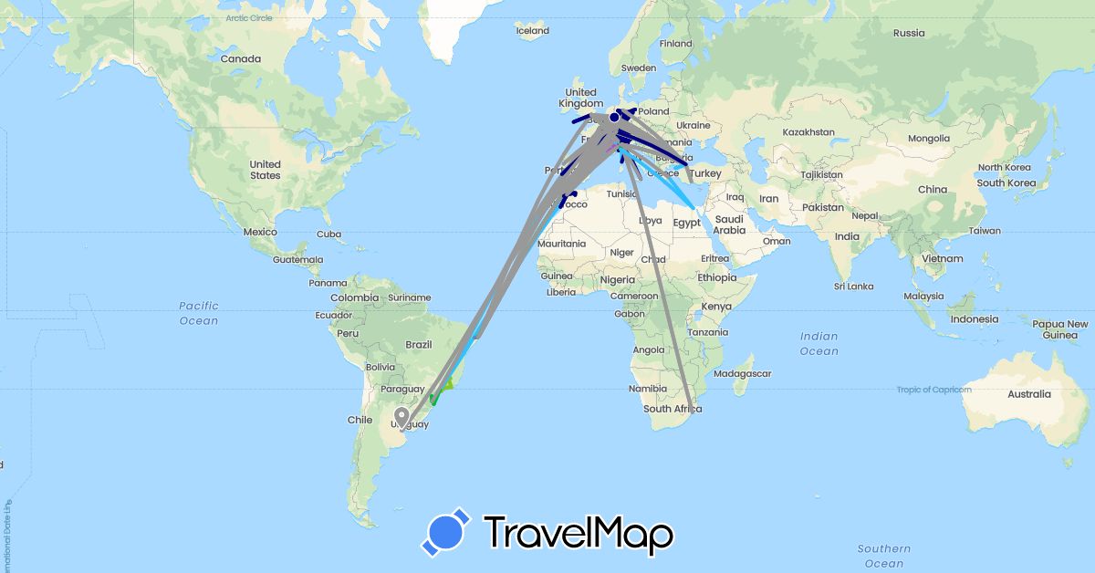 TravelMap itinerary: driving, bus, plane, cycling, train, boat, electric vehicle in Argentina, Austria, Belgium, Brazil, Switzerland, Germany, Egypt, Spain, France, United Kingdom, Greece, Italy, Morocco, Portugal, Turkey, South Africa (Africa, Asia, Europe, South America)
