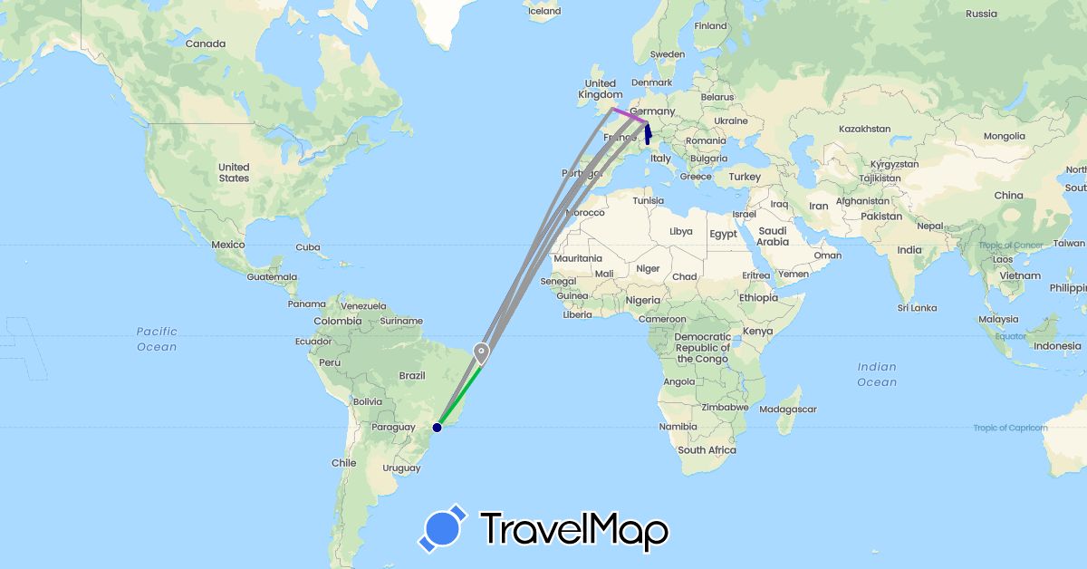 TravelMap itinerary: driving, bus, plane, train in Brazil, Switzerland, Germany, United Kingdom, Italy (Europe, South America)
