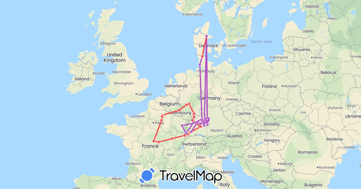 TravelMap itinerary: driving, train, hiking in Germany, Denmark, France (Europe)